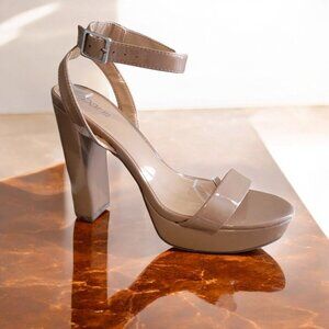 Bar III Womens Camel Patent Leather Strappy Platform Block Heel Sandals US 9.5M